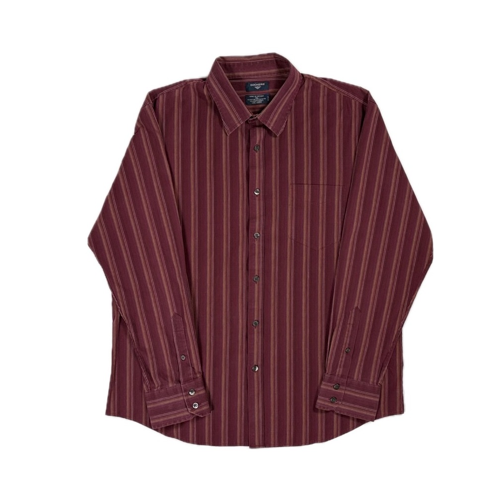 Vintage‎ Y2K Dockers Burgundy Red Yellow Striped Button Up Shirt Men's XL